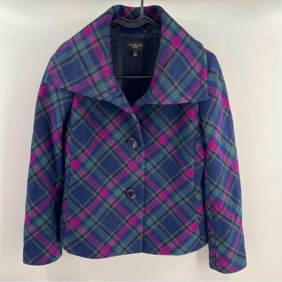 Talbots Vintage Wool Bias Plaid Shawl Collar Button Up Lined Pockets Jacket - Picture 1 of 11